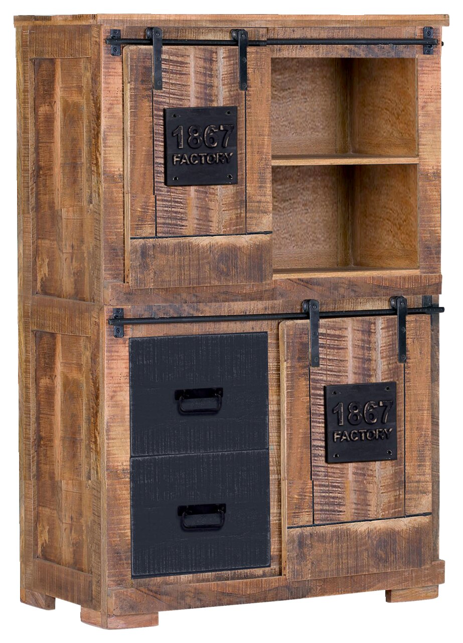 Rustikales Highboard aus Holz mit Schiebetüren und Schubladen, seitliche Perspektive