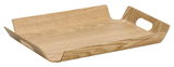 Holz-Serviertablett mit erhöhten Kanten und Griffen, seitliche Perspektive