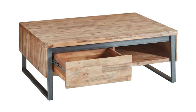 Rechteckiger Couchtisch aus Holz mit Metallrahmen, Schublade geöffnet, seitliche Perspektive
