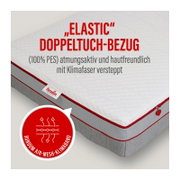 Matratze mit weißem „Elastic“ Doppeltuch-Bezug (100% PES), atmungsaktiv und hautfreundlich, mit roter Paspel und seitlichem Air-Mesh-Klimaband, in schräger Perspektive von oben (3/4-Ansicht) dargestellt