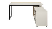 Moderner Eckschreibtisch mit Container, seitliche Perspektive, weiße Tischplatte mit schwarzem Metallgestell und integriertem Stauraum mit Schubladen.