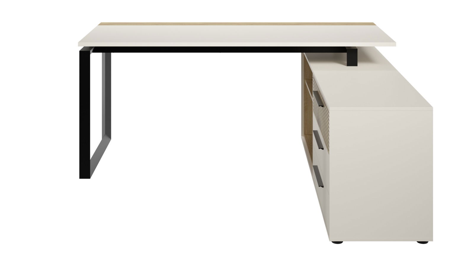 Moderner Eckschreibtisch mit Container, seitliche Perspektive, weiße Tischplatte mit schwarzem Metallgestell und integriertem Stauraum mit Schubladen.