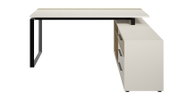 Moderner Eckschreibtisch mit Container, seitliche Perspektive, weiße Tischplatte mit schwarzem Metallgestell und integriertem Stauraum mit Schubladen.