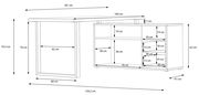 Skizze eines Winkelschreibtischs mit detaillierten Maßen. Der Schreibtisch hat eine L-Form mit einem Haupttisch von 181 cm Länge und einem Seitenteil von 160 cm Länge. Die Höhe des Haupttisches beträgt 74,3 cm. Das Seitenteil hat mehrere Regalfächer mit u