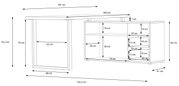 Skizze eines Winkelschreibtischs mit detaillierten Maßen. Der Schreibtisch hat eine L-Form mit einem Haupttisch von 181 cm Länge und einem Seitenteil von 160 cm Länge. Die Höhe des Haupttisches beträgt 74,3 cm. Das Seitenteil hat mehrere Regalfächer mit u