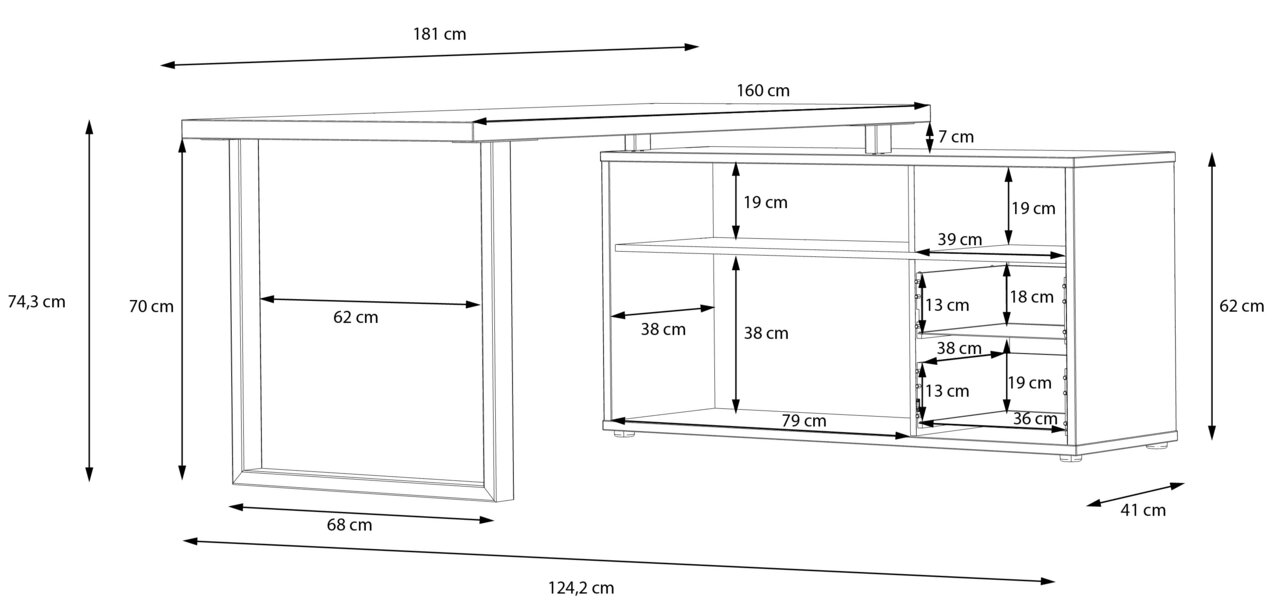 Schets van een hoekbureau met gedetailleerde afmetingen. Het bureau heeft een L-vorm met een hoofdblad van 181 cm lang en een zijdeel van 160 cm lang. De hoogte van het hoofdblad bedraagt 74,3 cm. Het zijdeel heeft verschillende planken met uiteenlopende 