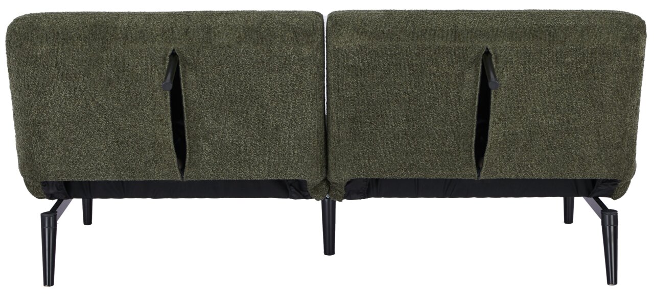 Rückansicht eines grünen Funktionssofas mit schwarzen Metallbeinen.