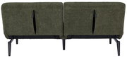 Rückansicht eines grünen Funktionssofas mit schwarzen Metallbeinen.