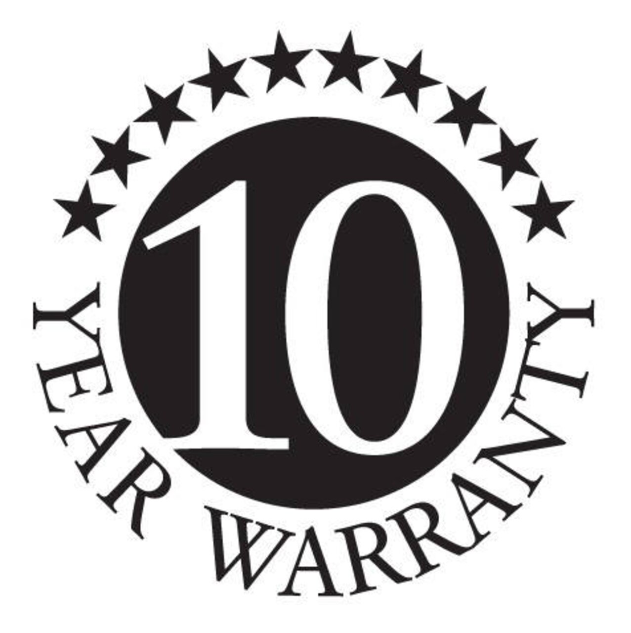 10 jaar garantie-zegel, zwart-wit, versierd met sterren, vooraanzicht