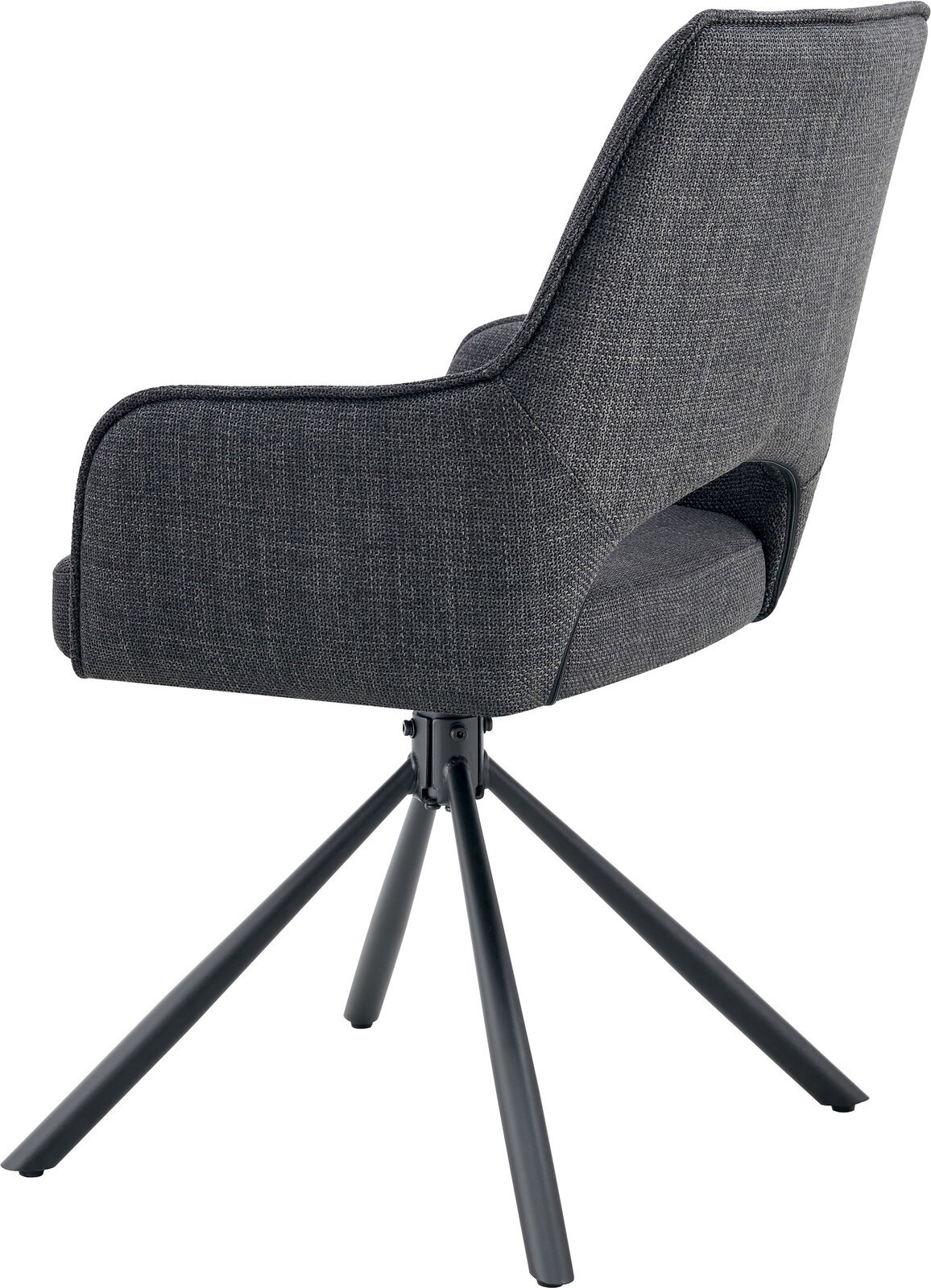 Dunkelgrauer, gepolsterter Polsterstuhl mit Armlehnen und schwarzem Metall-Spidergestell, Seitenansicht von links vor weißem Hintergrund