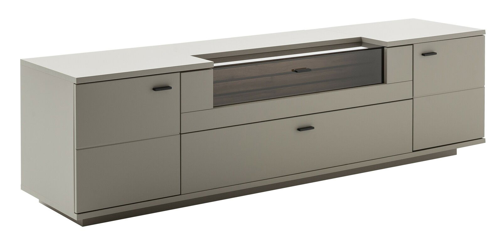 TV-Element in modernem Design, seitliche Perspektive, mit Schubladen und Glaseinsatz.