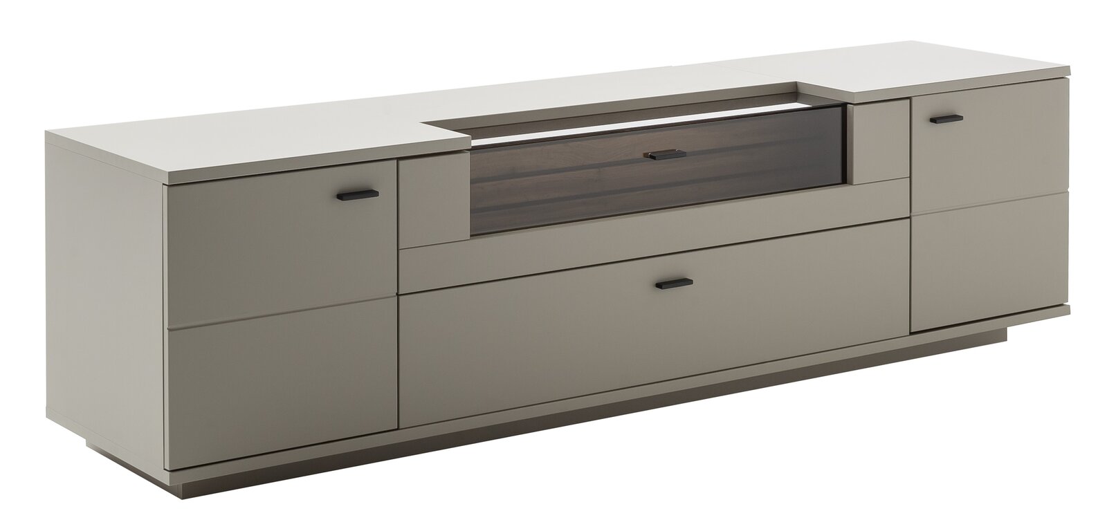 TV-Element in modernem Design, seitliche Perspektive, mit Schubladen und Glaseinsatz.