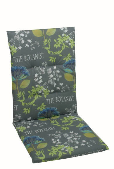 Sesselauflage mit botanischem Muster in Grau und Grün, seitliche Perspektive