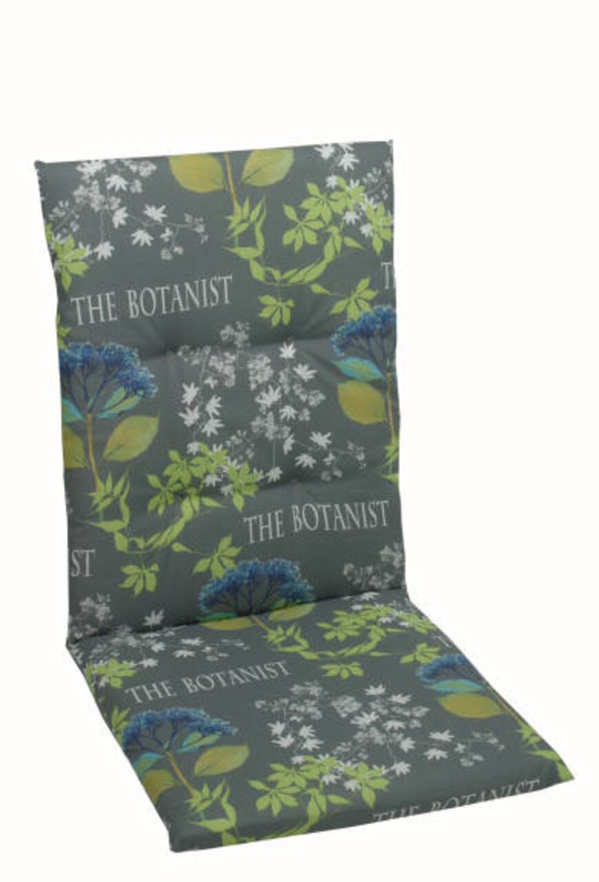 Sesselauflage mit botanischem Muster in Grau und Grün, seitliche Perspektive