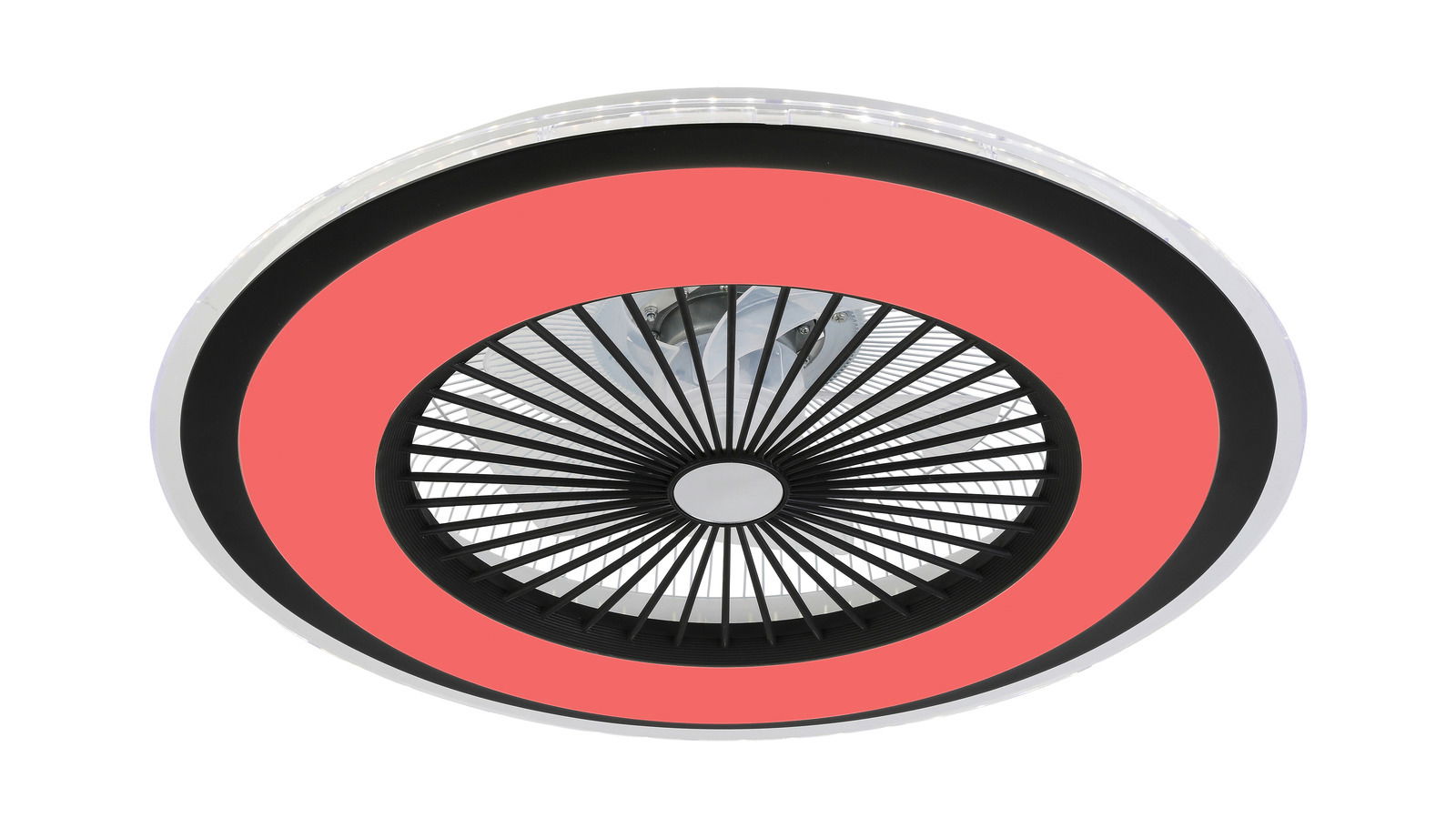 Deckenventilator Wind Smart aus der Unteransicht mit modernem Design und rotem Akzent.