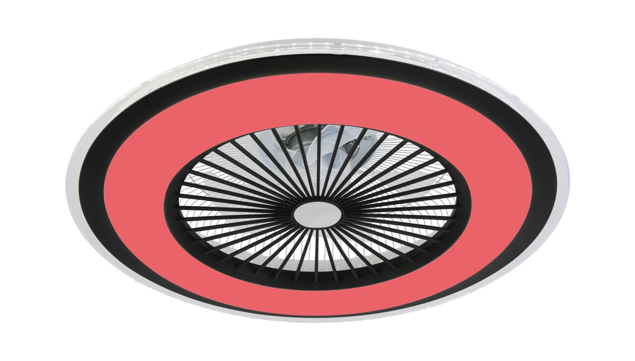 Deckenventilator Wind Smart aus der Unteransicht mit modernem Design und rotem Akzent.
