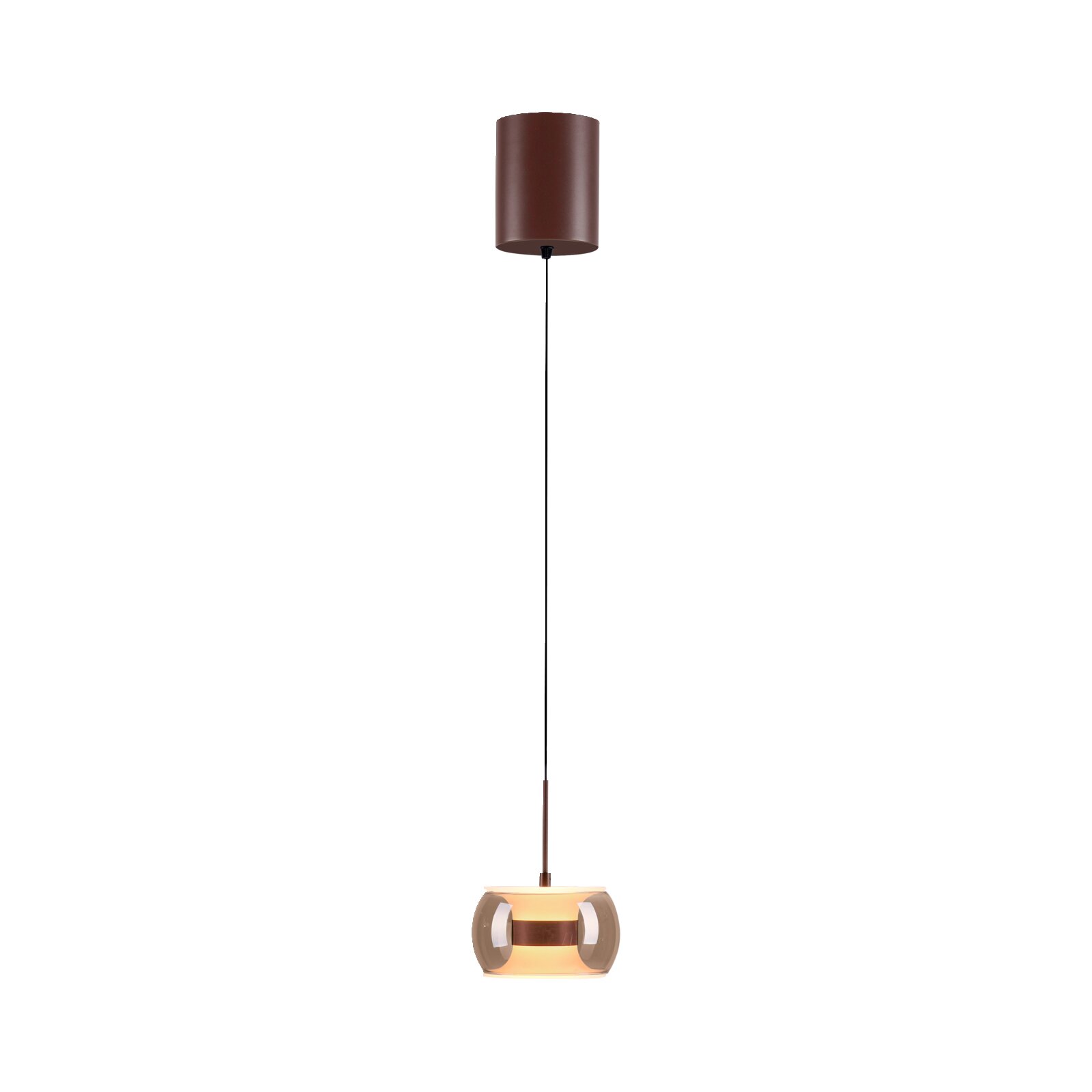Paul Neuhaus LED-Hängeleuchte FUMEA Moderne Pendelleuchte mit braunem Baldachin, langem schwarzem Kabel und rundem, transparent getöntem Glasschirm mit warmem Licht, freigestellt auf weißem Hintergrund, Frontansicht