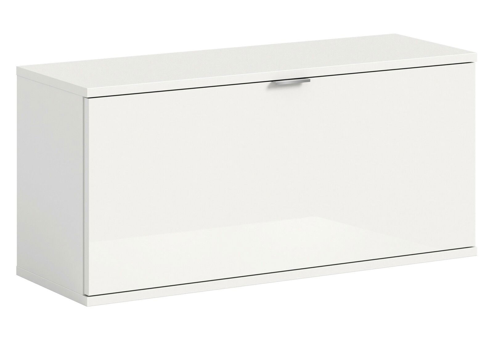 MID.YOU Sitzbank/Kommode PROJEKT X Weiße Sitzbank oder Kommode mit glatter Oberfläche und einem Griff, seitliche Perspektive