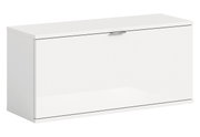 Weiße Sitzbank oder Kommode mit glatter Oberfläche und einem Griff, seitliche Perspektive