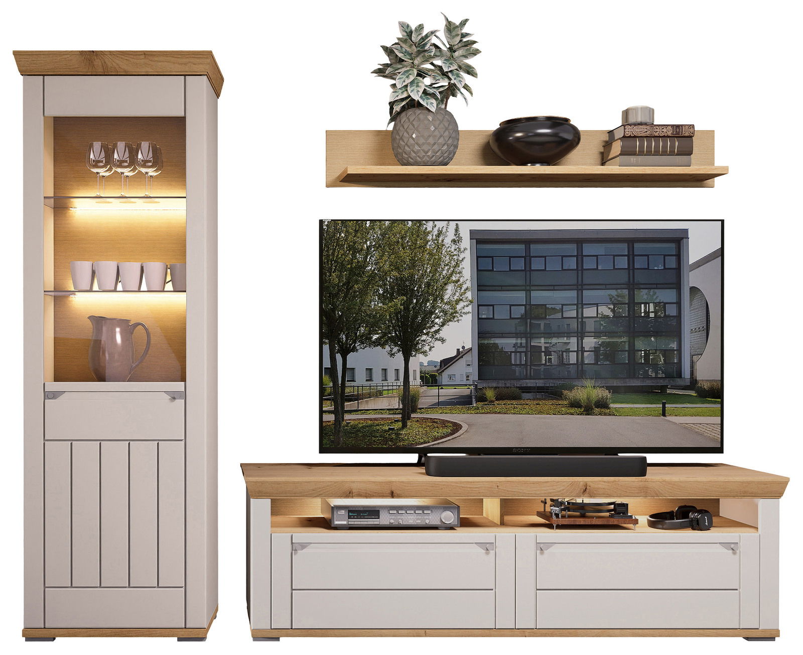 Landscape Wandcombinatie COLMAR Wandkombination mit Vitrine, Regal und TV-Schrank in Holzoptik, frontal betrachtet