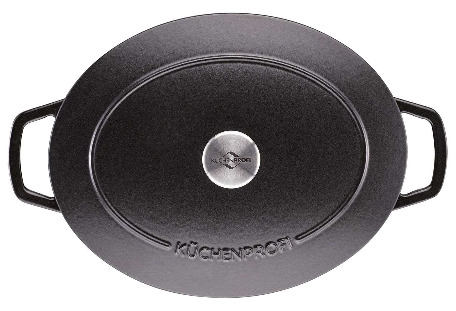Ovaler Guss-Bräter mit Deckel, Draufsicht, schwarze Farbe, mit zwei Griffen und dem Logo 'Küchenprofi' auf dem Deckel.