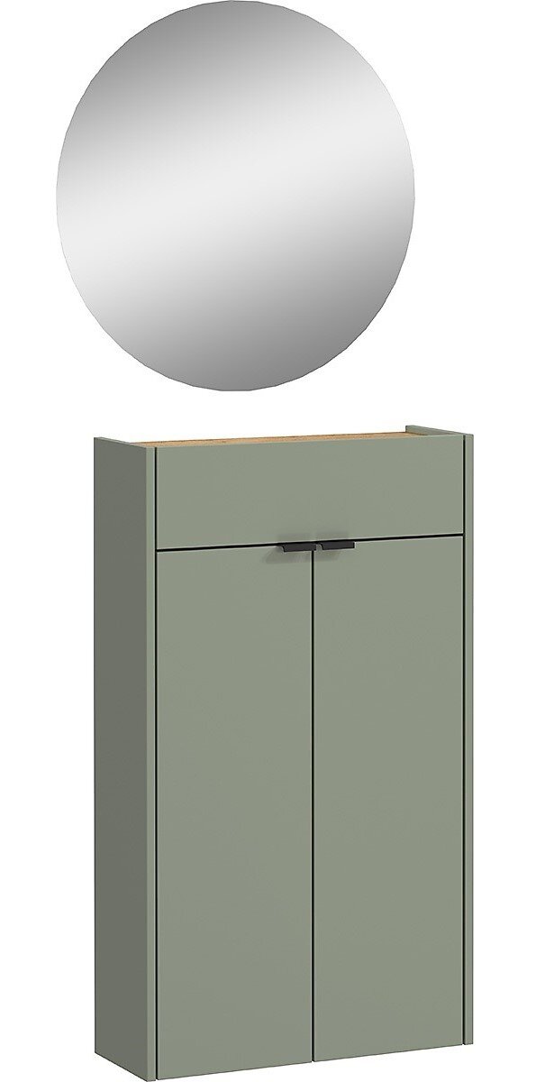 Garderobe Set mit rundem Spiegel und grünem Schrank, Frontalansicht