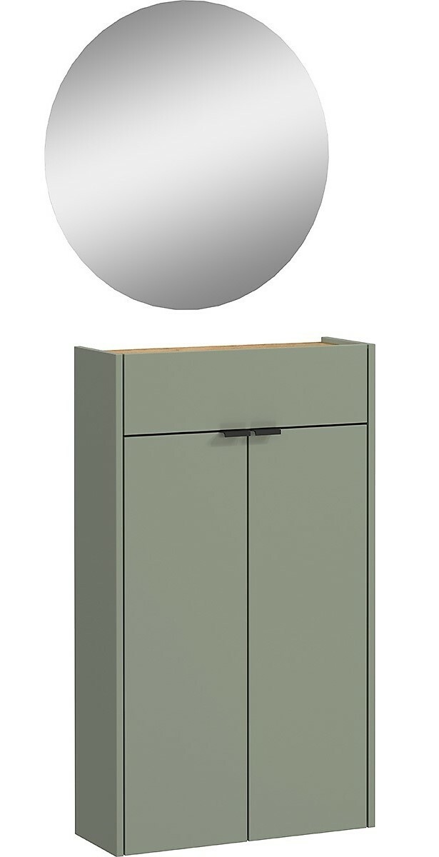 Garderobe Set mit rundem Spiegel und grünem Schrank, Frontalansicht
