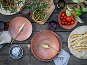 Draufsicht auf einen rustikal gedeckten Holztisch mit roséfarbenem Keramikgeschirr, goldfarbenem Besteck, Schalen mit Oliven und Kirschtomaten, Gewürzen und Brotstangen.