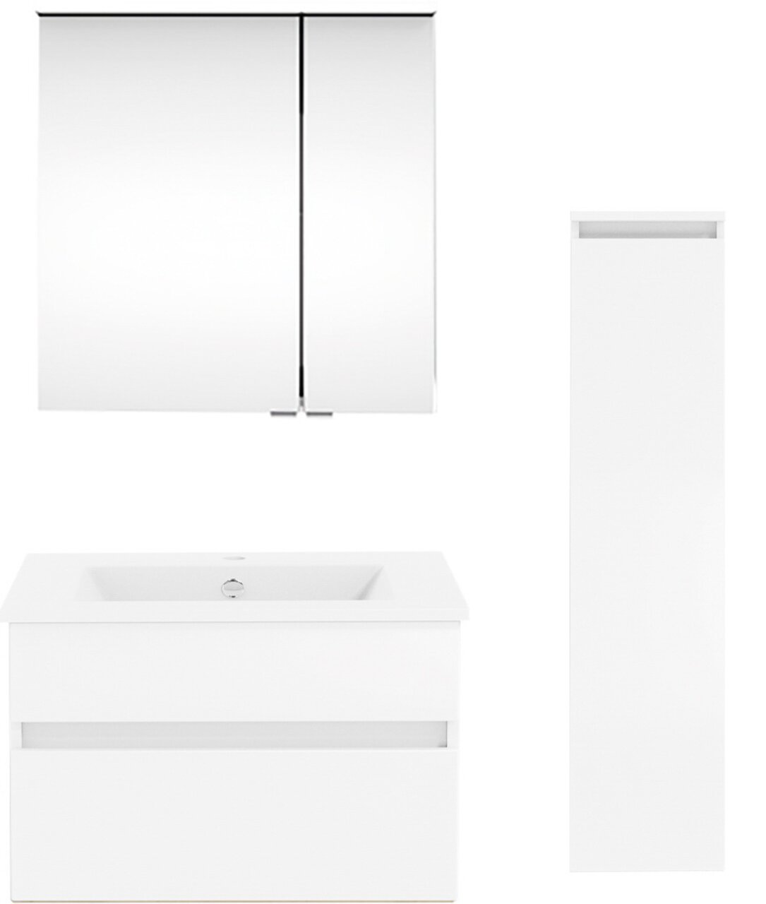 Puris Badkamercombinatie GET2YOU 21 Moderne Badkombination aus der Serie NEXT4YOU von Puris, bestehend aus einem Spiegelschrank, einem Waschtisch mit Unterschrank und einem hohen Seitenschrank, frontal abgebildet.