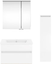 Moderne Badkombination aus der Serie NEXT4YOU von Puris, bestehend aus einem Spiegelschrank, einem Waschtisch mit Unterschrank und einem hohen Seitenschrank, frontal abgebildet.