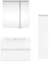 Moderne Badkombination aus der Serie NEXT4YOU von Puris, bestehend aus einem Spiegelschrank, einem Waschtisch mit Unterschrank und einem hohen Seitenschrank, frontal abgebildet.