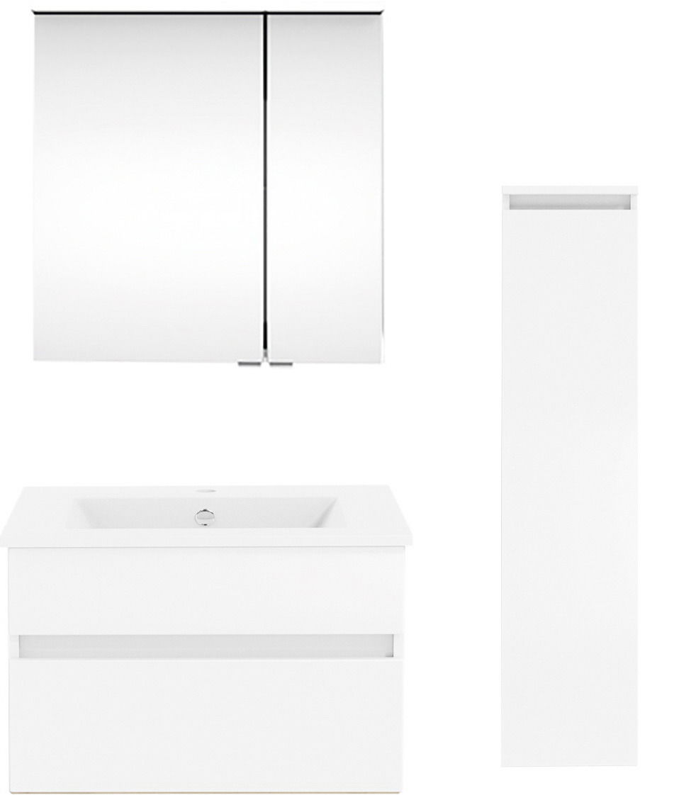 Moderne Badkombination aus der Serie NEXT4YOU von Puris, bestehend aus einem Spiegelschrank, einem Waschtisch mit Unterschrank und einem hohen Seitenschrank, frontal abgebildet.