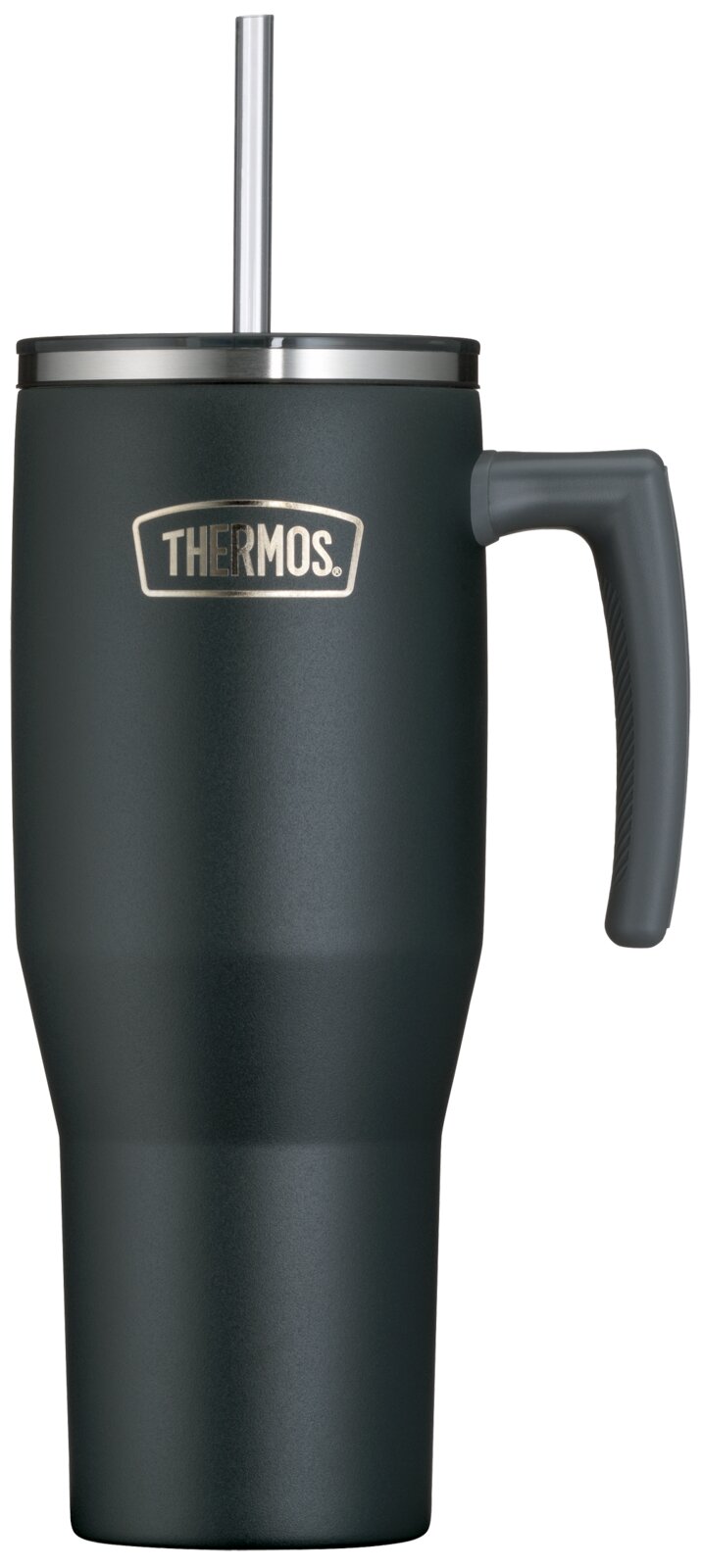 Donkergroene Thermos-isoleerbeker met handvat, deksel en metalen rietje, recht van voren afgebeeld