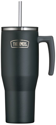 Donkergroene Thermos-isoleerbeker met handvat, deksel en metalen rietje, recht van voren afgebeeld