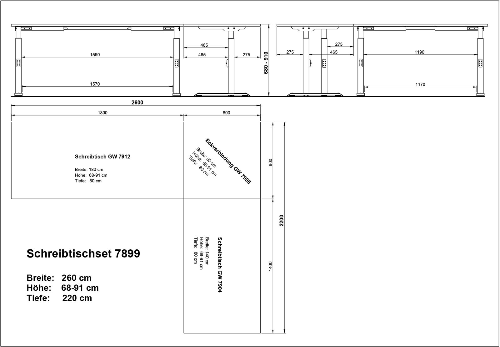 Technische Zeichnung eines Eckschreibtischsets mit den Maßen: Breite 260 cm, Höhe 68-91 cm, Tiefe 220 cm. Die Zeichnung zeigt die Vorderansicht und die Draufsicht des Schreibtischs.