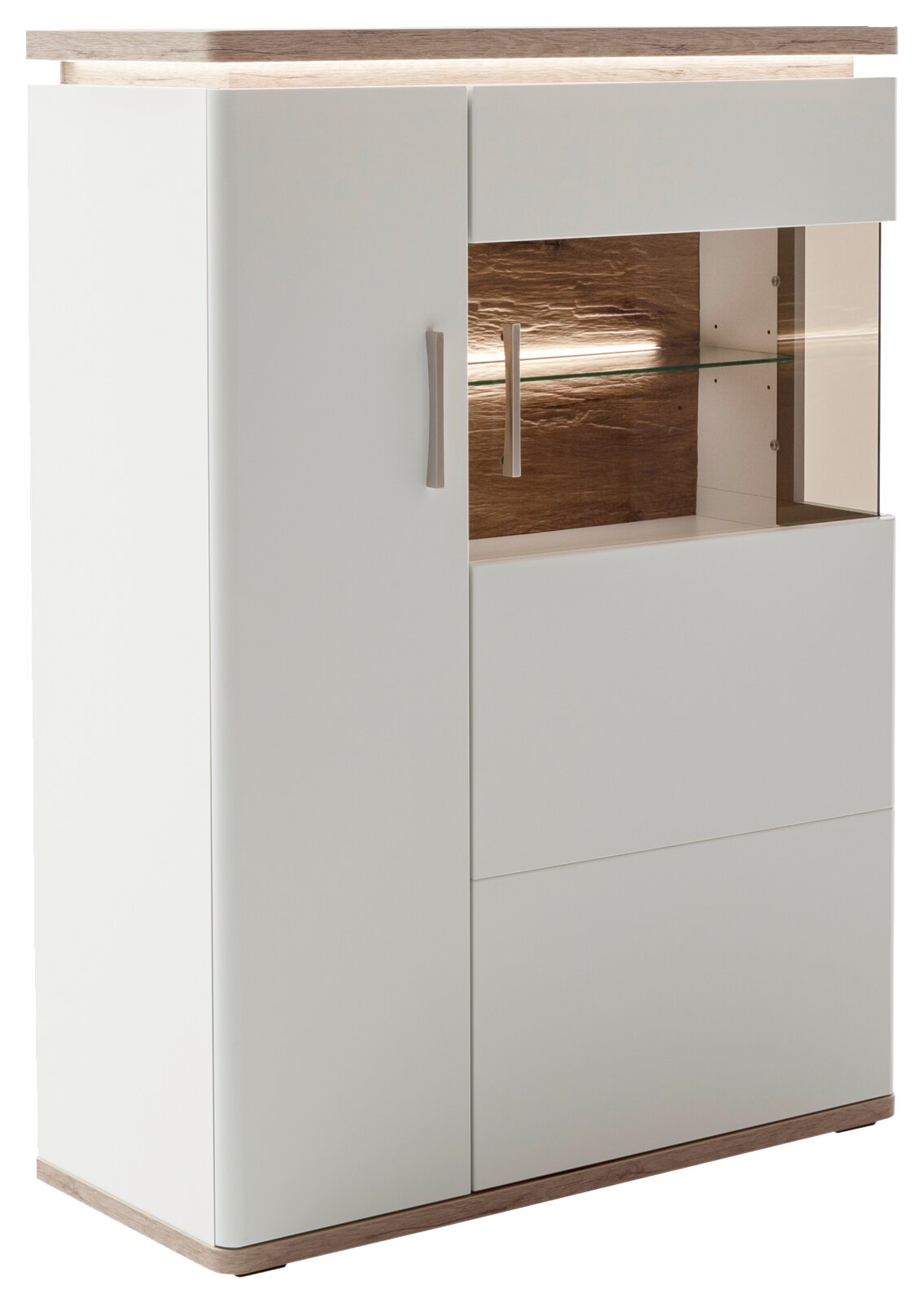 Moderne Vitrine/Highboard in Weiß mit Holzoptik-Deckplatte und -Sockel, Glaseinsatz mit Beleuchtung und Metallgriffen, freigestellt auf weißem Hintergrund, Perspektive: leicht von vorne links