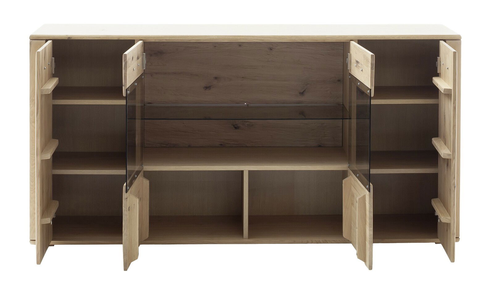 Frontansicht eines offenen Sideboards aus Holz mit mehreren Fächern und Glastüren.