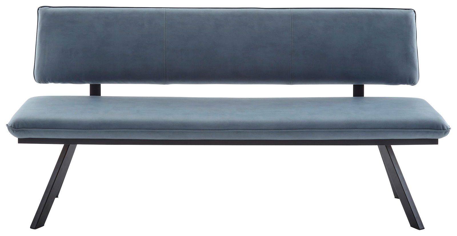 Moderne Sitzbank in Blau mit schwarzem Metallgestell, Vorderansicht