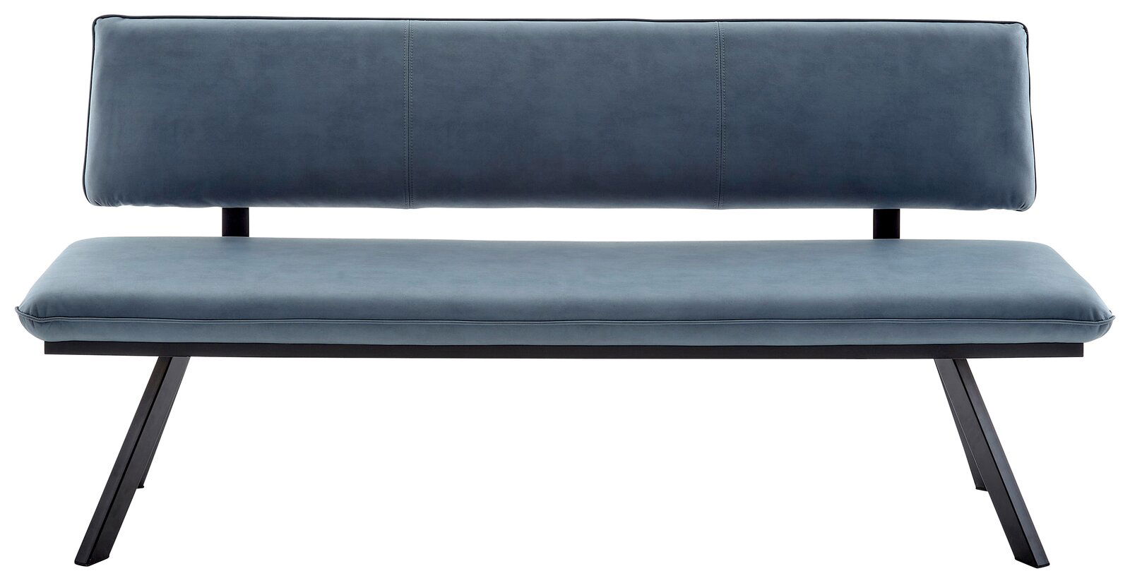 Moderne Sitzbank in Blau mit schwarzem Metallgestell, Vorderansicht