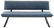 Moderne Sitzbank in Blau mit schwarzem Metallgestell, Vorderansicht