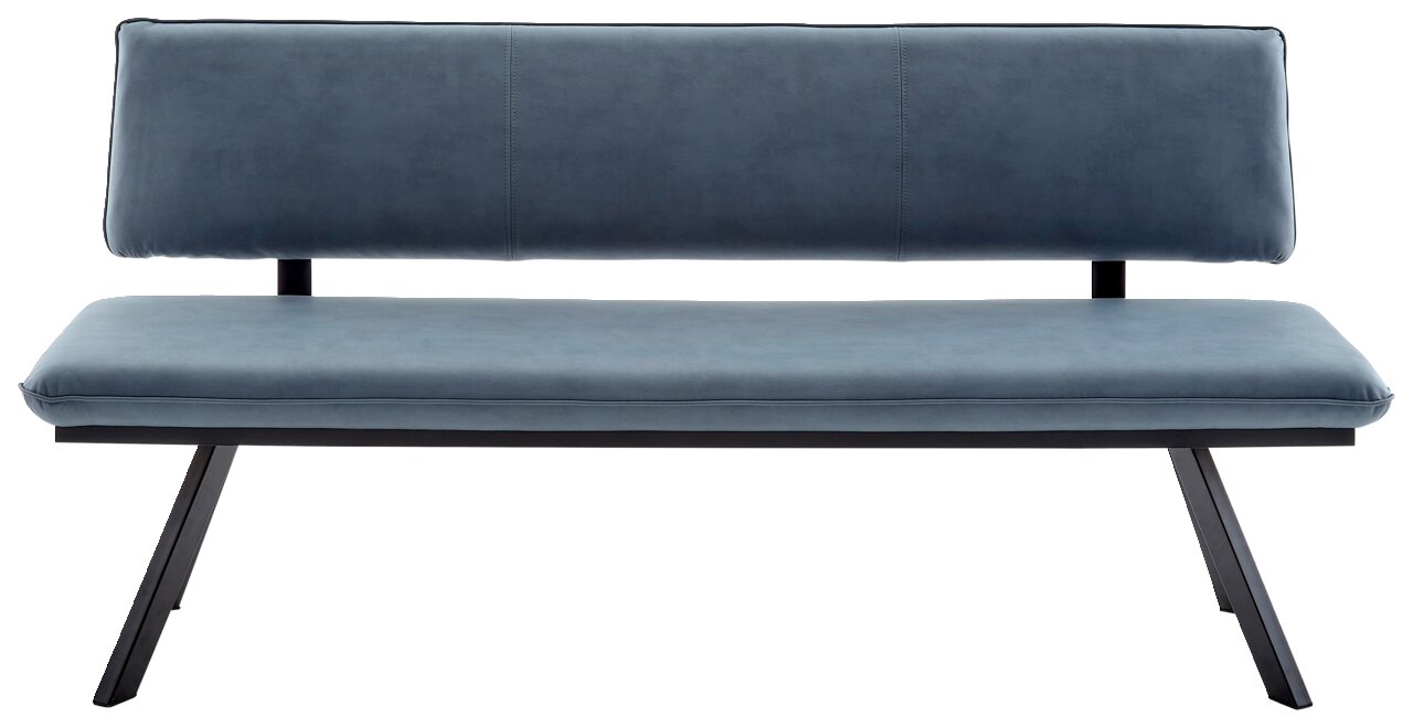 Moderne Sitzbank in Blau mit schwarzem Metallgestell, Vorderansicht