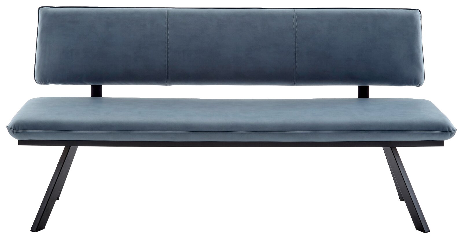 Moderne Sitzbank in Blau mit schwarzem Metallgestell, Vorderansicht
