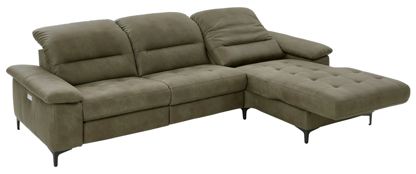 Bruine longchair-set PURE COMFORT 820 met drie zitplaatsen en een chaise longue aan de rechterkant, gezien vanaf de zijkant.