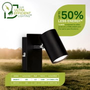 Zwarte verstelbare LED-buitenwandspot van Briloner, schuin van voren afgebeeld tegen een groen landschap, met warmwit licht van 3000 K, 450 lumen en energiezuinig verbruik van 2,5 watt.