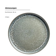 Runder Keramik-Essteller mit gesprenkelter grau-blauer Glasur und dunklem Rand, Durchmesser 26 cm, Draufsicht von oben auf weißem Hintergrund (4 Stück Set).