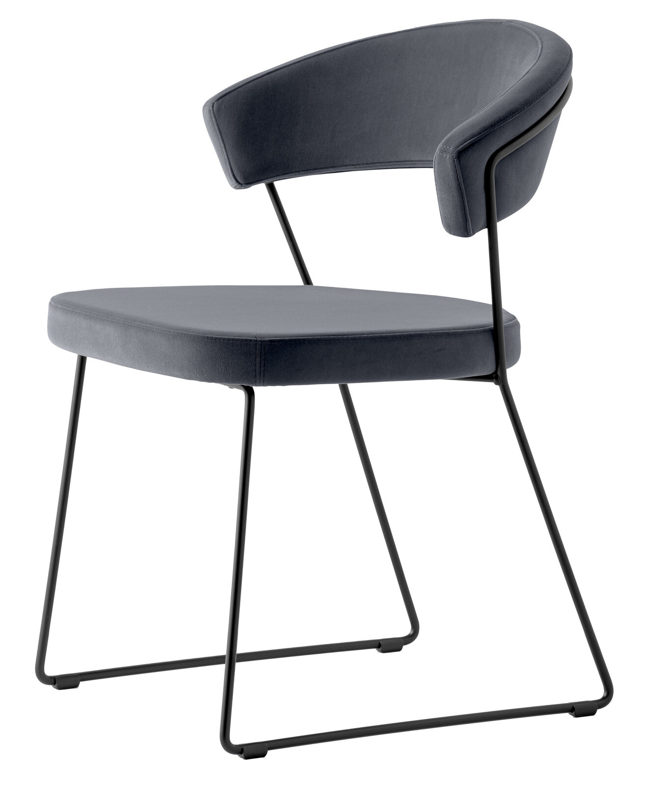 Moderner grauer Stuhl mit gebogenem Rücken und schlanken Metallbeinen, seitliche Perspektive