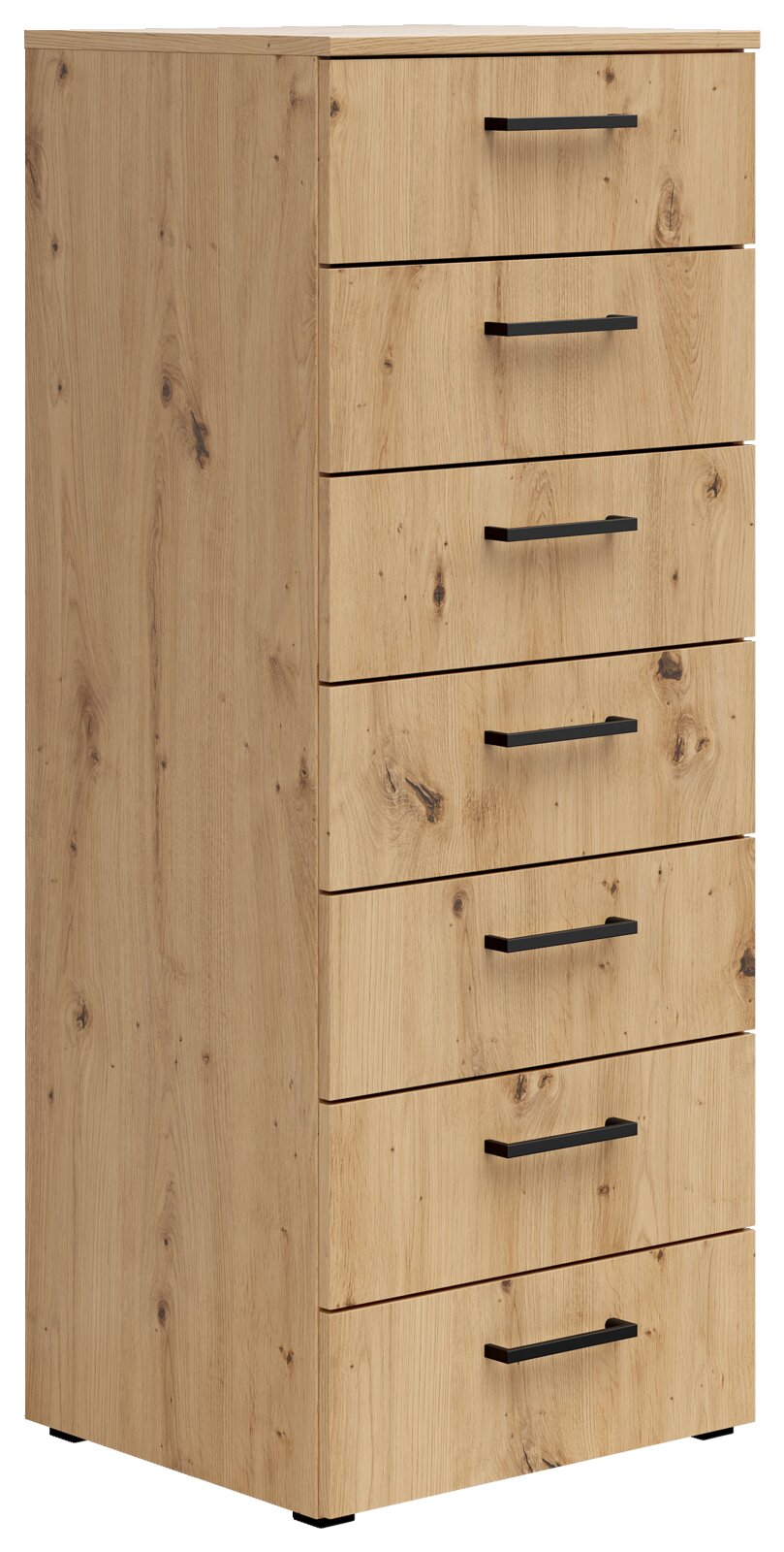 Carryhome Ladekast MULTISTAURAUM Holzkommode mit sieben Schubladen und schwarzen Griffen, seitliche Perspektive