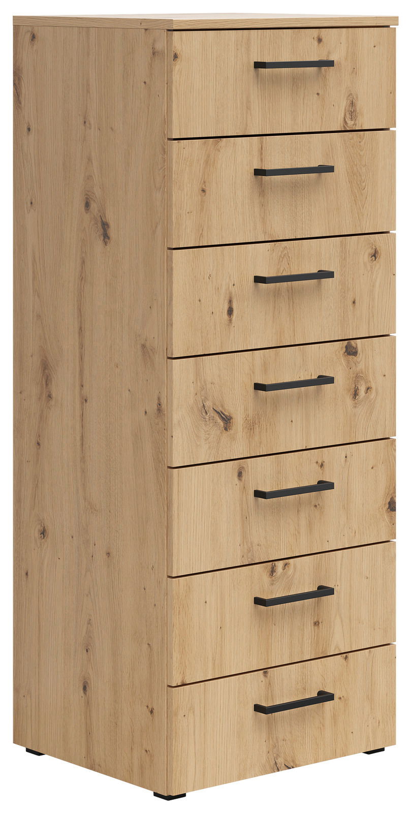 Holzkommode mit sieben Schubladen und schwarzen Griffen, seitliche Perspektive