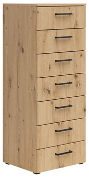 Holzkommode mit sieben Schubladen und schwarzen Griffen, seitliche Perspektive