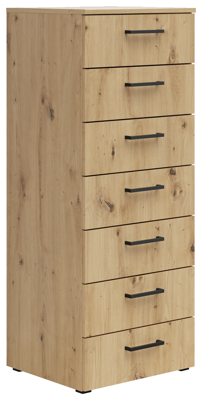 Carryhome Kommode MULTISTAURAUM Holzkommode mit sieben Schubladen und schwarzen Griffen, seitliche Perspektive